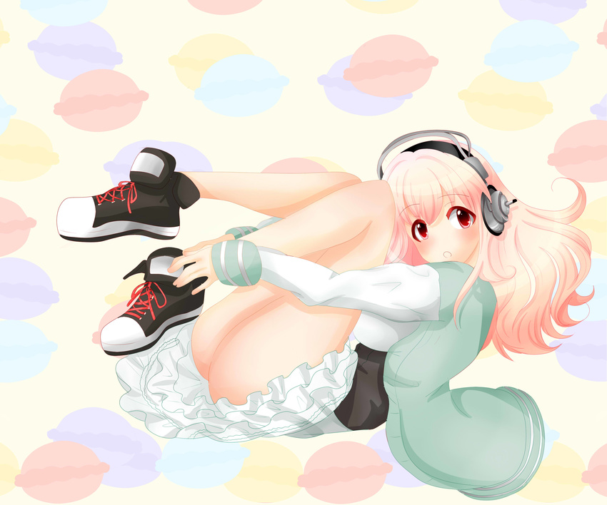 absurdres blush breasts chiyori_(soleilandiris) food headphones highres large_breasts long_hair macaron nitroplus open_mouth pink_hair red_eyes solo super_sonico