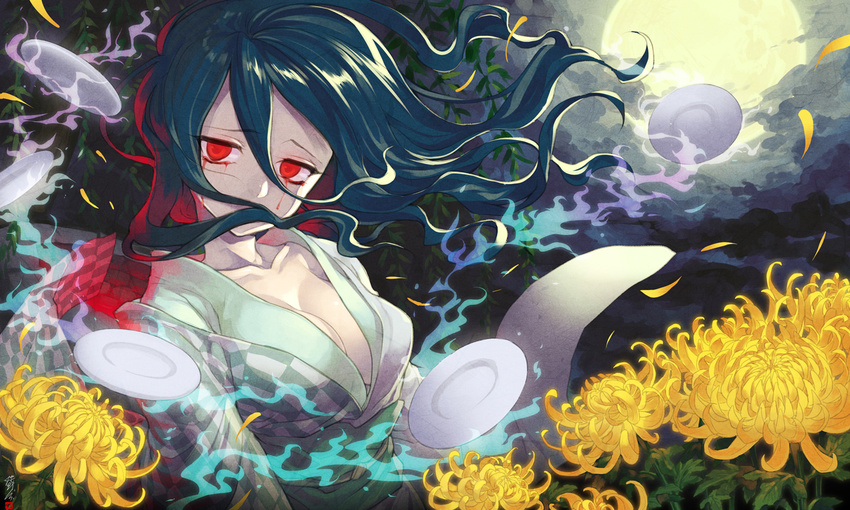 blood breasts cleavage flower full_moon hebino_rai japanese_clothes kimono large_breasts moon night original petals red_eyes solo vocaloid
