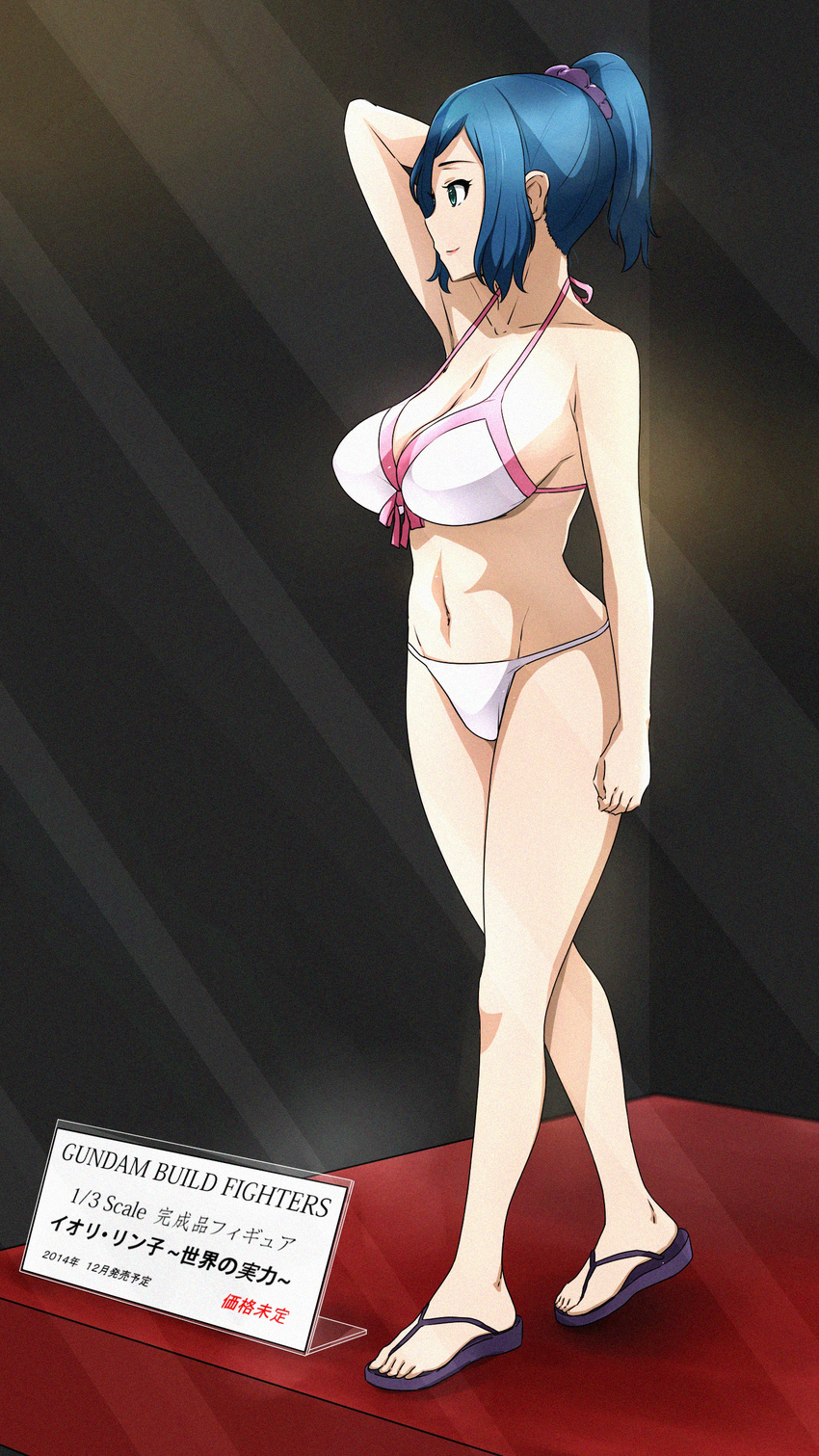absurdres bare_shoulders bikini blue_eyes blue_hair breasts cleavage commentary_request figure groin gundam gundam_build_fighters highres iori_rinko large_breasts lipstick makeup mature md5_mismatch navel ponytail sandals scrunchie short_hair solo swimsuit tonotyama white_bikini