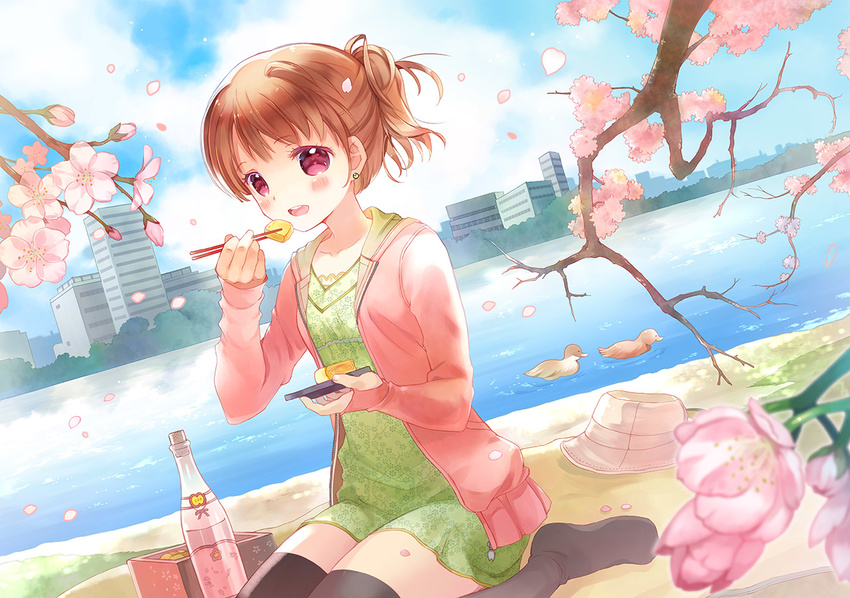 :d bird blush brown_hair cherry_blossoms chopsticks day dress duck earrings eating flower hanami jewelry obentou omelet open_mouth original petals ponytail purple_eyes river short_hair sitting sky smile solo sweater takeda_mika tamagoyaki thighhighs water