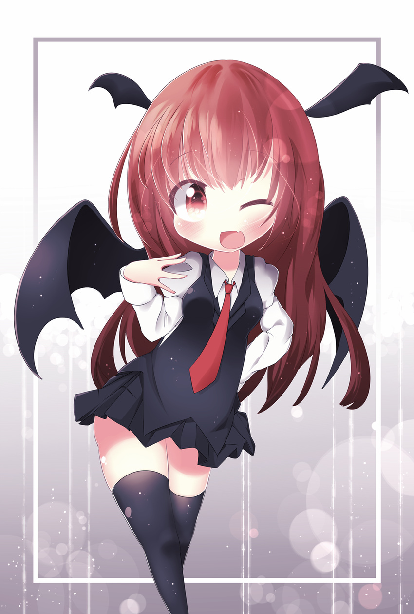 akisha bad_id bad_pixiv_id bat_wings black_legwear blush fang frame head_wings highres juliet_sleeves koakuma long_hair long_sleeves looking_at_viewer miniskirt necktie one_eye_closed open_mouth pleated_skirt puffy_sleeves red_eyes red_hair red_neckwear shirt skirt skirt_set smile solo thighhighs touhou very_long_hair wings zettai_ryouiki