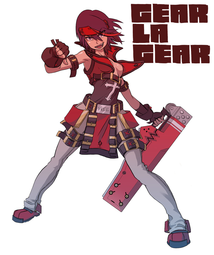 1girl andrew_parish_johnston breasts cleavage copyright_name cosplay english fingerless_gloves gloves guilty_gear guilty_gear_xrd headband highres kill_la_kill matoi_ryuuko reverse_grip sol_badguy sol_badguy_(cosplay) solo sword thumbs_down weapon