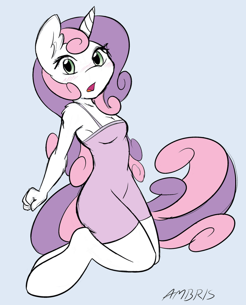 ambris anthro anthrofied blush breasts clothing dress equine female friendship_is_magic fur green_eyes hair horn horse looking_at_viewer mammal my_little_pony older open_mouth pink_hair plain_background pony purple_hair solo sweetie_belle_(mlp) two_tone_hair unicorn white_fur