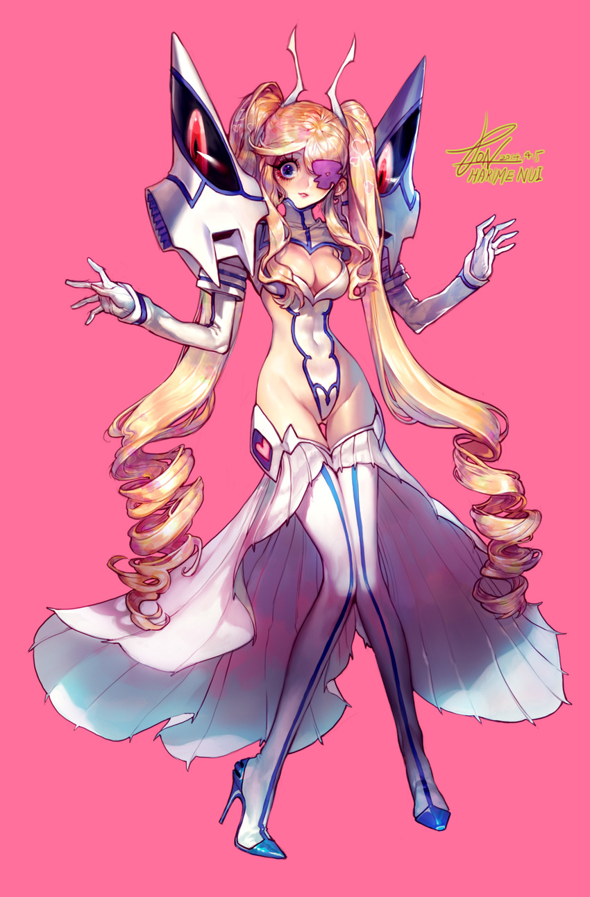 absurdly_long_hair absurdres alternate_costume armor bare_hips blonde_hair blue_eyes boots breasts cleavage cleavage_cutout covered_navel drill_hair earrings eyepatch full_body groin harime_nui high_heel_boots high_heels highres jewelry junketsu kill_la_kill knees_together_feet_apart lips long_hair medium_breasts partially_visible_vulva pigeon666 revealing_clothes ringlets sidelocks slender_waist smile solo thigh_boots thighhighs twin_drills twintails very_long_hair what_if wide-eyed