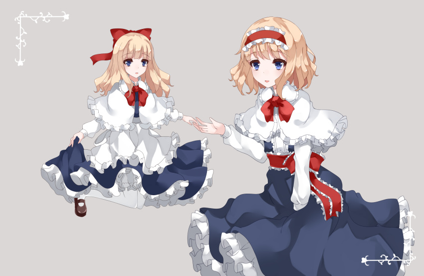 1girl alice_margatroid apron arm_up between_legs blonde_hair blue_dress blue_eyes bow brown_footwear capelet cowboy_shot dress floating folded_leg frilled_apron frilled_capelet frilled_skirt frills grey_background hair_bow hairband hand_between_legs highres lolita_hairband long_sleeves looking_at_viewer mary_janes nanatuki13 neck_ribbon outstretched_hand parted_lips petticoat red_bow red_neckwear red_sash ribbon sash shanghai_doll shoes short_hair simple_background skirt skirt_hold solo standing touhou waist_apron white_capelet