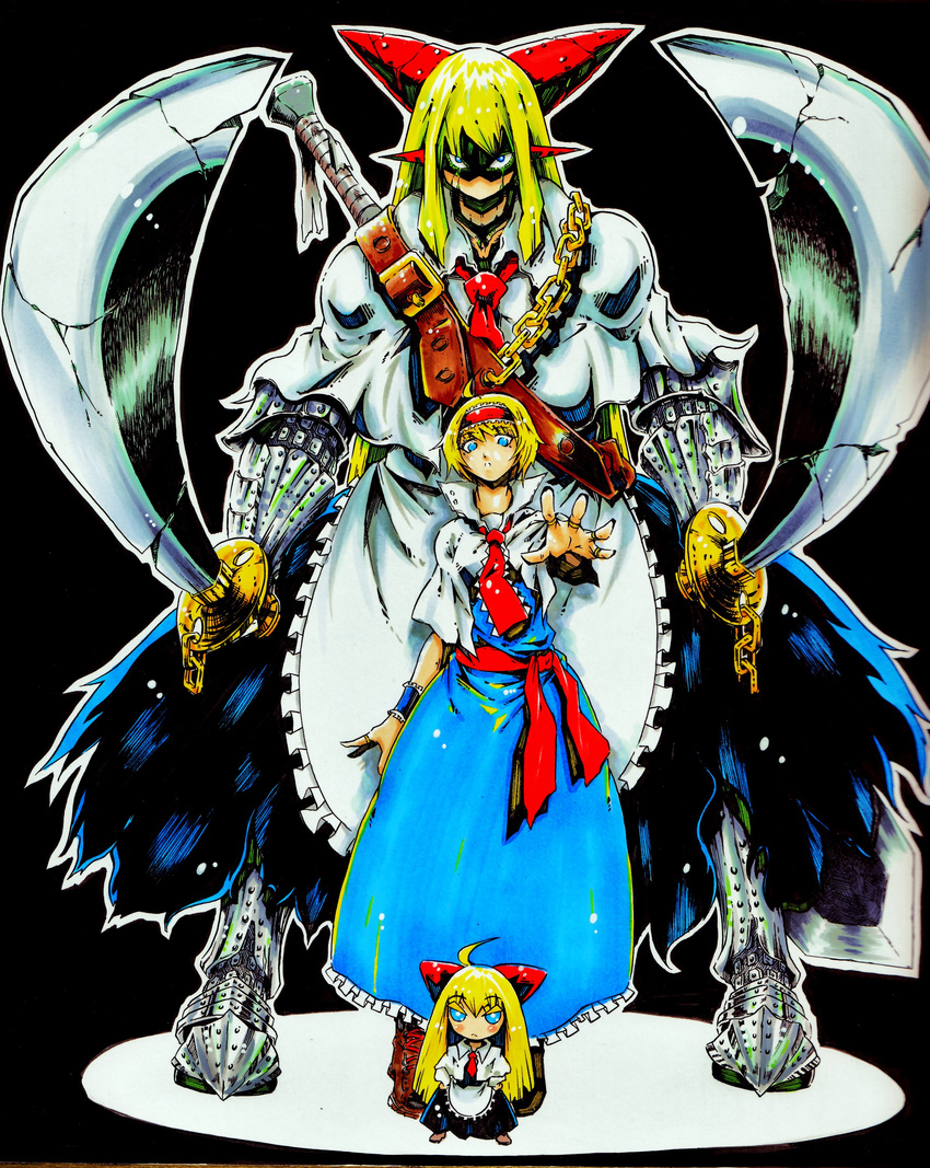 absurdres ahoge alice_margatroid armor blonde_hair blue_eyes capelet chain doll dress dual_wielding gauntlets goliath_doll greaves hairband hands_on_hips highres holding jewelry long_hair multiple_girls nehitsuji_(syatihokoga) outstretched_arm outstretched_hand over_shoulder ring shanghai_doll short_hair sword sword_over_shoulder touhou traditional_media weapon weapon_over_shoulder wrist_cuffs