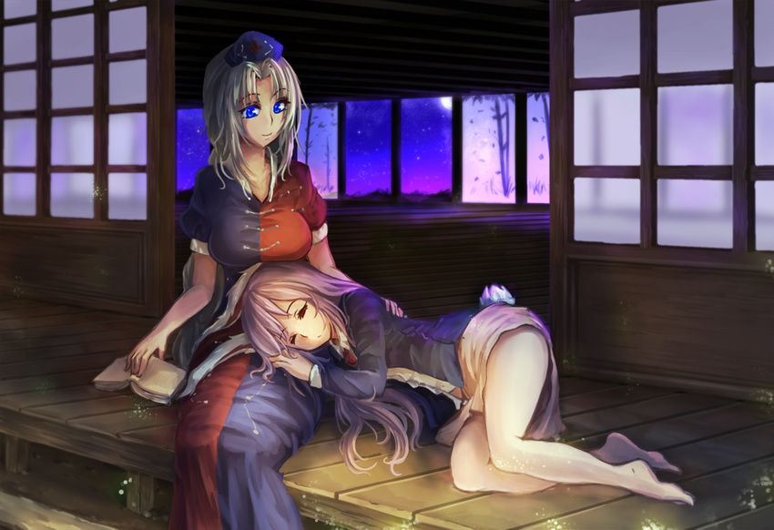 animal_ears bare_legs barefoot blue_eyes book breast_rest breasts bunny_ears bunny_tail closed_eyes freeze-ex hat jacket lap_pillow large_breasts long_hair long_sleeves lying multiple_girls necktie nurse_cap on_side open_clothes open_door open_jacket petting puffy_sleeves purple_hair reisen_udongein_inaba shirt short_sleeves silver_hair sitting skirt smile tail touhou veranda very_long_hair yagokoro_eirin