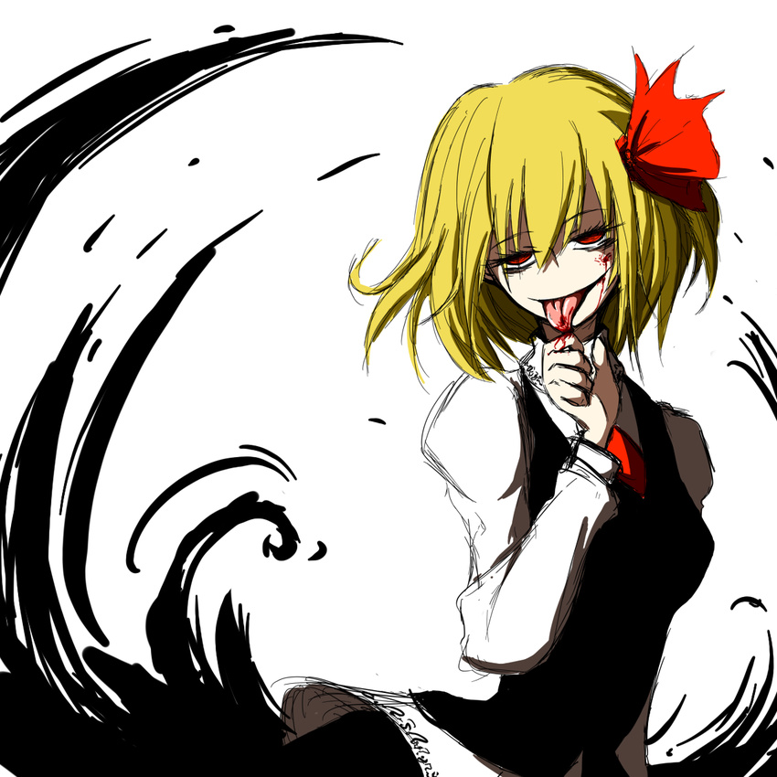 bags_under_eyes blonde_hair blood blood_on_fingers blouse darkness finger_licking hair_ribbon highres licking noumen red_eyes ribbon rumia short_hair skirt smile tongue tongue_out touhou vest