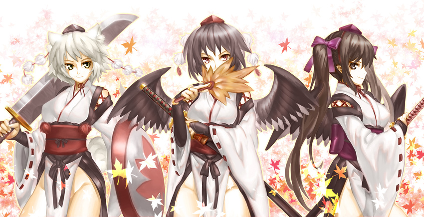 animal_ears bobomaster japanese_clothes katana long_hair short_hair sword tagme_(character) touhou twintails weapon wings