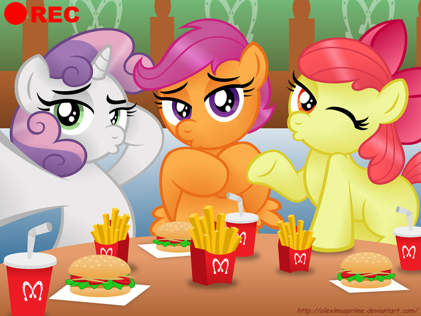 :3 apple_bloom_(mlp) burger cub duck_face equine female food friendship_is_magic fries group horn horse mammal my_little_pony pegasus pony scootaloo_(mlp) selfie soda sweetie_belle_(mlp) unicorn wings young