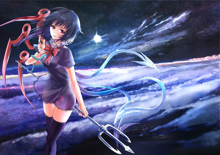 asymmetrical_wings bad_id bad_pixiv_id black_dress black_hair black_legwear bow cloud dress highres holding houjuu_nue lace lace-trimmed_dress moon night night_sky parted_lips polearm red_eyes see-through short_hair skindentation sky skybean snake solo star_(sky) starry_sky thighhighs touhou trident weapon wings zettai_ryouiki
