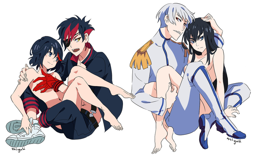 2girls carrying clothed_male_nude_female epaulettes junketsu kill_la_kill kiryuuin_satsuki matoi_ryuuko miyuli multicolored_hair multiple_boys multiple_girls nude personification princess_carry senketsu sharp_teeth silver_hair teeth two-tone_hair