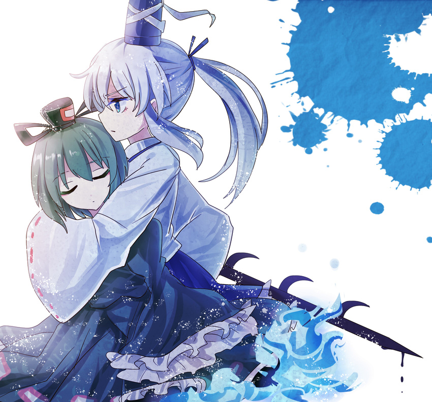 blue_eyes closed_eyes frills green_hair grey_hair hat highres holding itsumizu long_hair long_sleeves mononobe_no_futo multiple_girls ponytail ribbon seven-branched_sword shirt short_hair skirt soga_no_tojiko tate_eboshi touhou wide_sleeves