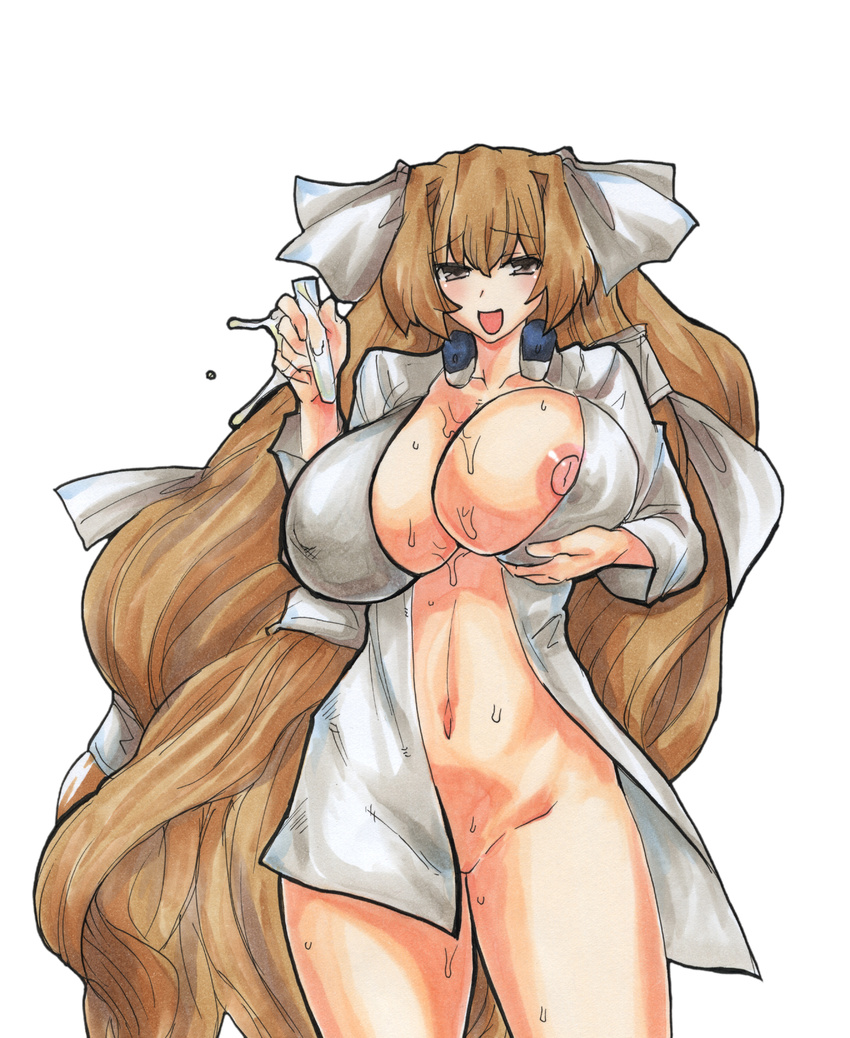 1girl absurdres aoi_kimi areolae breast_lift breasts brown_eyes female hair_ornament hair_ribbon highres huge_breasts kikuta kyoukaisenjou_no_horizon long_hair mound_of_venus navel nipple_slip nipples no_bra no_panties no_underwear open_clothes open_mouth open_shirt ribbon shirt simple_background solo standing sweat very_long_hair white_background
