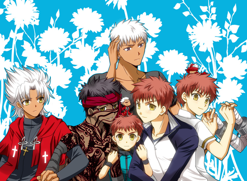 amakusa_shirou_(fate) archer avenger black_hair capsule_servant chibi cross dark_skin dark_skinned_male emiya_shirou emiya_shirou_(prisma_illya) fate/apocrypha fate/extra fate/hollow_ataraxia fate/kaleid_liner_prisma_illya fate/stay_night fate/zero fate_(series) full_body_tattoo male_focus multiple_boys multiple_persona raglan_sleeves red_hair setta_(tokinon) spoilers tattoo white_hair yellow_eyes younger