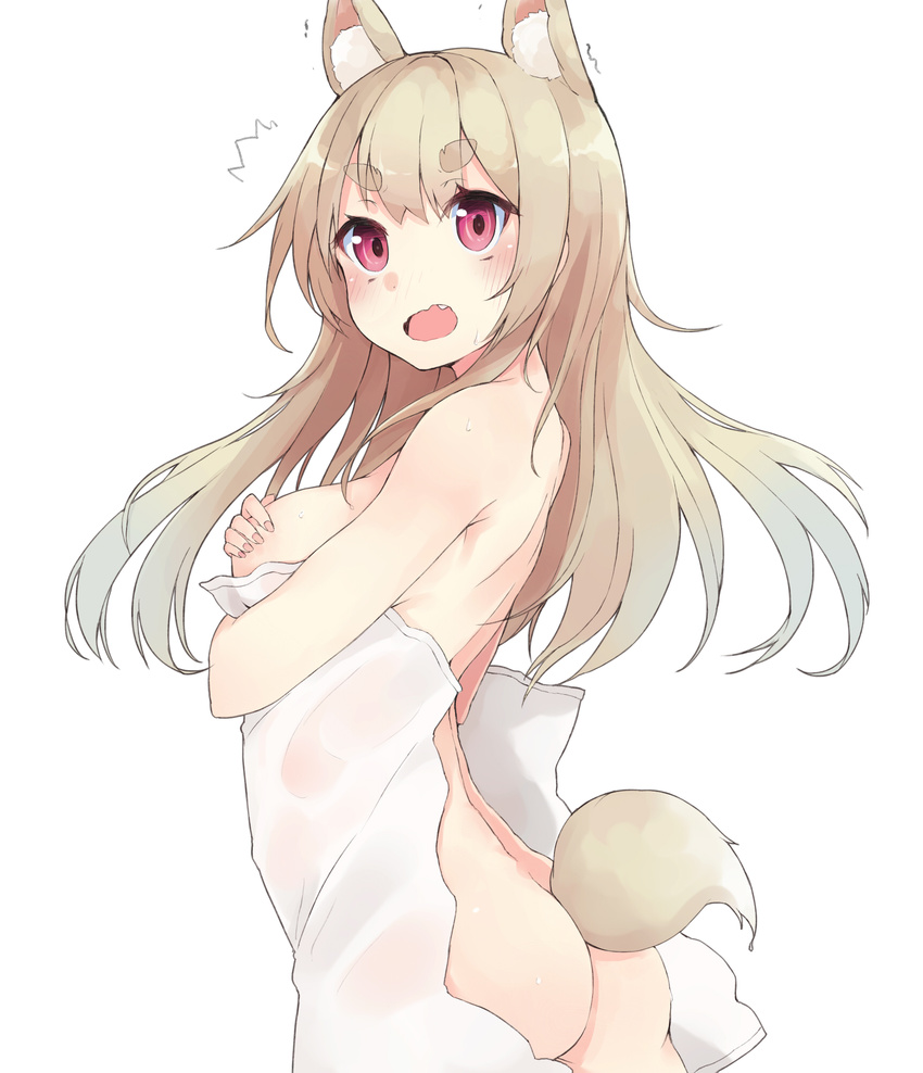 1girl animal_ears ass blush breasts brown_hair covering covering_breasts fang fox_ears fox_tail highres kou_mashiro long_hair looking_at_viewer medium_breasts nude_cover open_mouth original pink_eyes simple_background solo tail towel wavy_mouth white_background