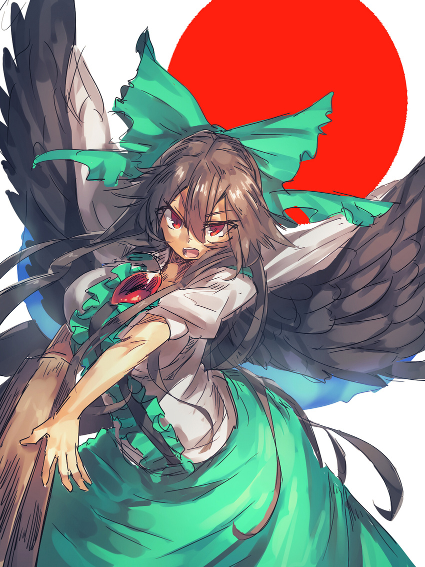 arm_cannon bow breasts brown_hair cape hair_bow hair_ornament highres huge_breasts long_hair melon22 open_mouth red_eyes reiuji_utsuho shirt short_sleeves skirt solo touhou weapon wings