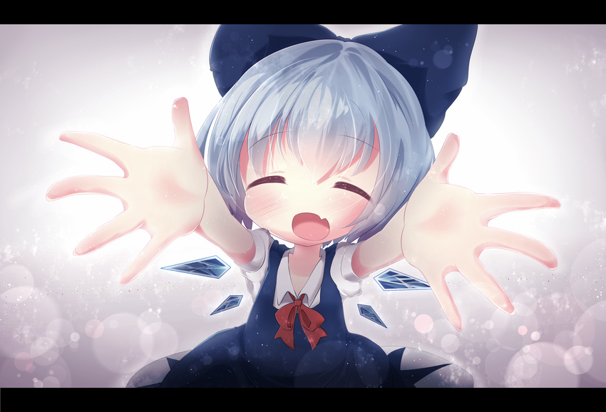 akisha bad_id bad_pixiv_id blue_dress blue_hair blush bow check_commentary cirno closed_eyes commentary commentary_request dress fang hair_bow highres ice ice_wings incoming_hug letterboxed open_mouth outstretched_arms puffy_sleeves shirt short_sleeves smile solo touhou wings