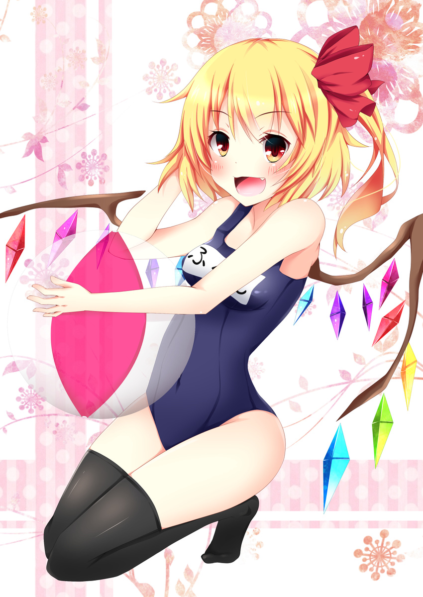 ball black_legwear blonde_hair blush fang flandre_scarlet hair_ribbon hand_in_hair highres looking_at_viewer miy@ one-piece_swimsuit open_mouth ribbon school_swimsuit side_ponytail smile solo swimsuit thighhighs touhou wings