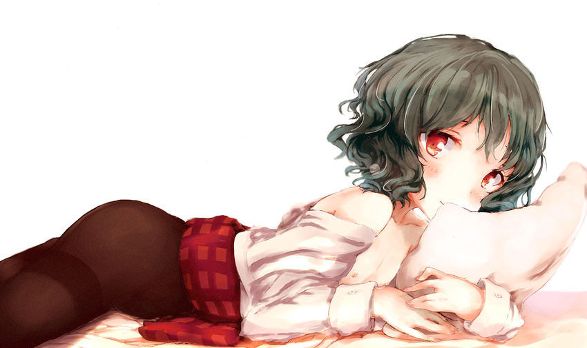 ass bare_shoulders black_legwear blush flan_(harry_mackenzie) flat_chest green_hair kazami_yuuka long_sleeves looking_at_viewer looking_back lying nipples off_shoulder on_stomach pantyhose pillow plaid red_eyes shirt_pull short_hair simple_background skirt skirt_lift smile solo thighband_pantyhose touhou wavy_hair white_background