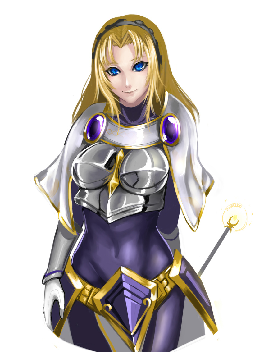 armor arms_behind_back blonde_hair blue_eyes bodysuit breastplate capelet covered_navel faulds hairband highres kumiko_shiba league_of_legends long_hair luxanna_crownguard purple_bodysuit solo