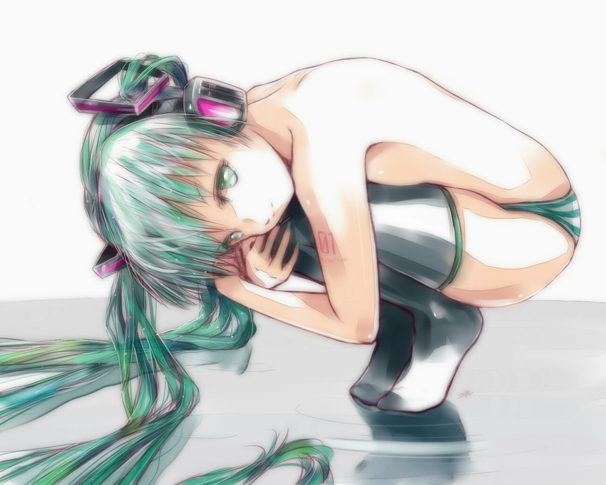 boots green_eyes green_hair hatsune_miku headphones kowiru long_hair overexposure panties solo squatting striped striped_panties thigh_boots thighhighs topless twintails underwear vocaloid