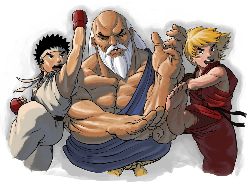 andrew_parish_johnston armor bald barefoot beard black_hair blocking blonde_hair eyebrows facial_hair gouken japanese_armor ken_masters kicking kote laughing long_hair multiple_boys muscle mustache ryuu_(street_fighter) short_hair shouryuuken street_fighter tatsumaki_senpuukyaku thick_eyebrows uppercut white_hair younger