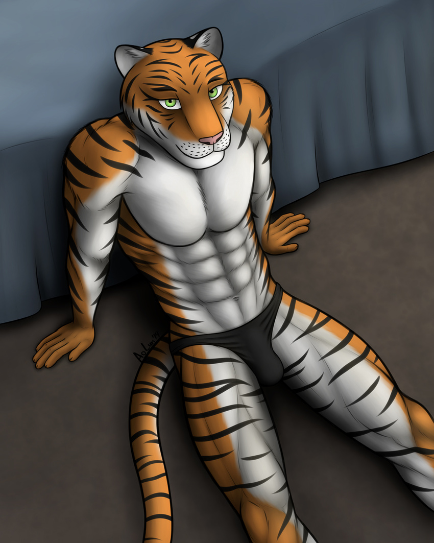 abs anthro aolun aolun_(artist) bed bedside biceps black_fur body_markings bulge feline fur green_eyes grin looking_at_viewer male mammal markings muscles orange_fur pecs pink_nose pose seductive sitting smile solo stripes tiger toned topless underwear white_fur