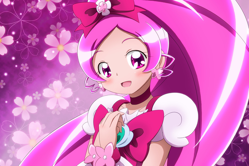 absurdres blush bow choker cure_blossom dress earrings eyelashes hair_ornament hair_ribbon hanasaki_tsubomi happy heartcatch_precure! highres jewelry kiyu_(doremi's_party) long_hair looking_at_viewer magical_girl open_mouth pink pink_background pink_bow pink_choker pink_dress pink_eyes pink_hair ponytail precure puffy_sleeves ribbon smile solo wrist_cuffs