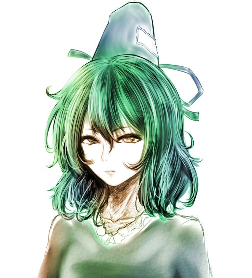 bad_id bad_pixiv_id expressionless face green green_hair hat highres looking_at_viewer portrait short_hair soga_no_tojiko solo tate_eboshi touhou yuxyon
