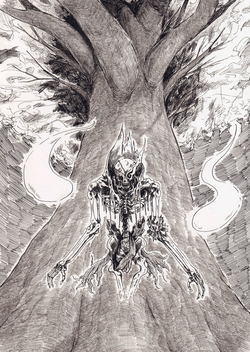 ballpoint_pen_(medium) ghost highres hitodama horror_(theme) monochrome monster nehitsuji_(syatihokoga) nib_pen_(medium) no_humans saigyou_ayakashi saigyouji_yuyuko skeleton solo touhou traditional_media tree undead