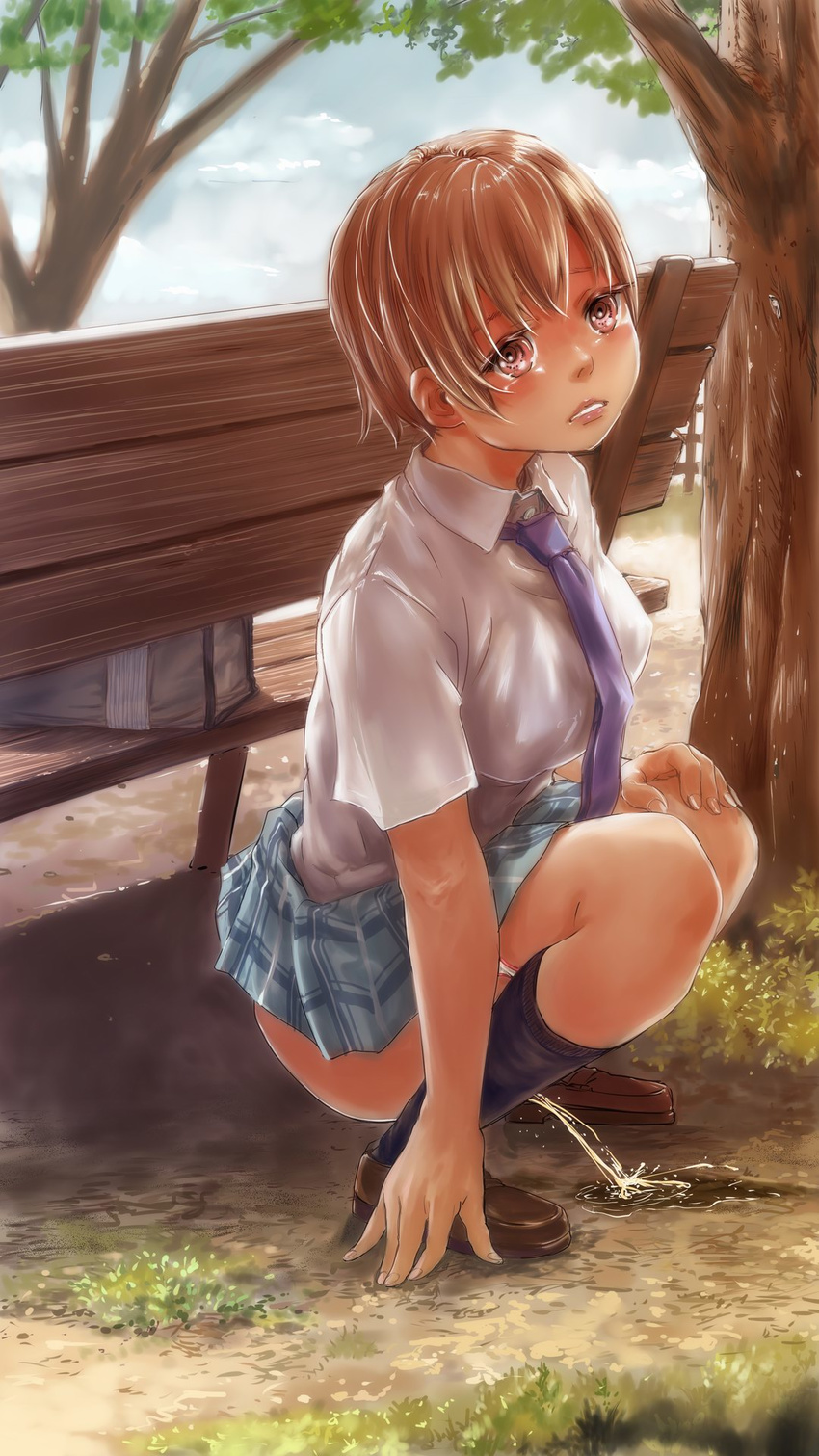 arm_support bench blush breasts brown_eyes brown_hair cloud day highres large_breasts looking_at_viewer lunalu9 original pee peeing school_uniform serafuku short_hair skirt sky solo squatting tree