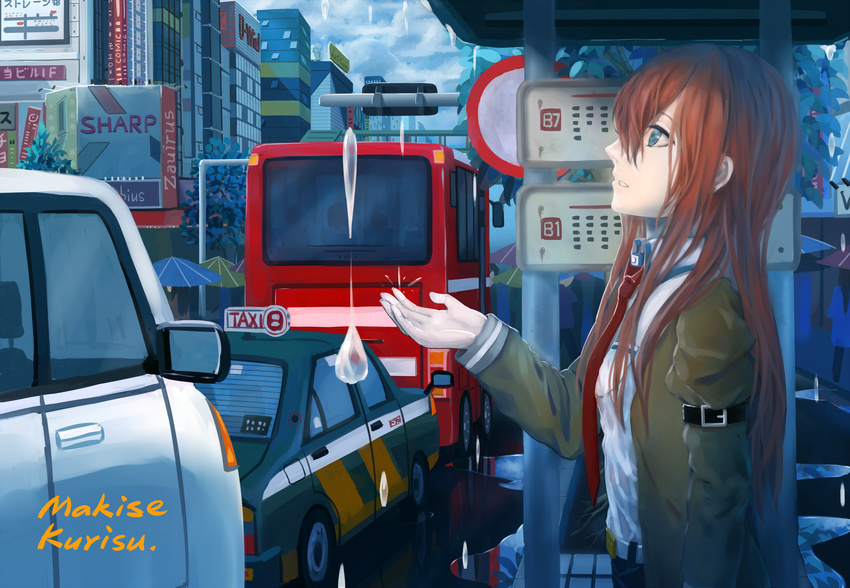 belt blue_eyes bus bus_stop city cloud day dress_shirt ground_vehicle highres jacket long_hair lu" makise_kurisu motor_vehicle necktie rain red_hair shirt sky steins;gate taxi umbrella water_drop