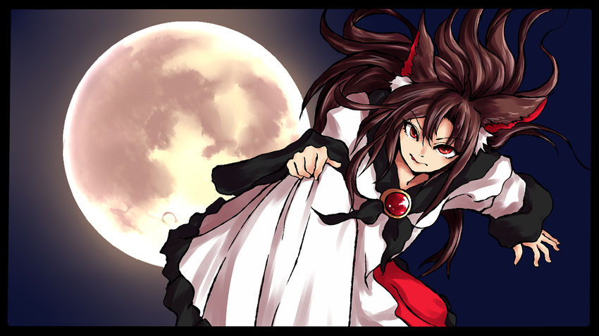 animal_ears brown_hair dress full_moon highres imaizumi_kagerou jewelry long_sleeves moon red_eyes solo toluda tongue tongue_out touhou wolf_ears