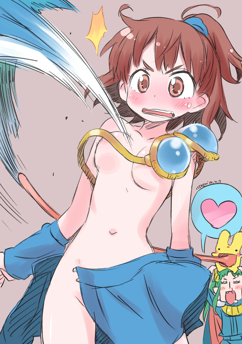 arle_nadja armor blood blue_skirt brown_eyes brown_hair carbuncle_(puyopuyo) censored clothes_removed convenient_censoring creature green_hair heart highres horns isedaichi_ken long_hair madou_monogatari navel nosebleed open_mouth puyopuyo satan_(puyopuyo) short_hair skirt smile surprised tongue tongue_out unclasped