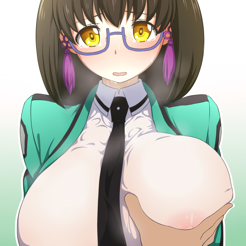 annosada bad_id bad_pixiv_id black_hair black_neckwear blush breast_grab breasts earrings glasses grabbing jewelry large_breasts mahouka_koukou_no_rettousei necktie nipples pov school_uniform see-through shibata_mizuki solo_focus tears yellow_eyes