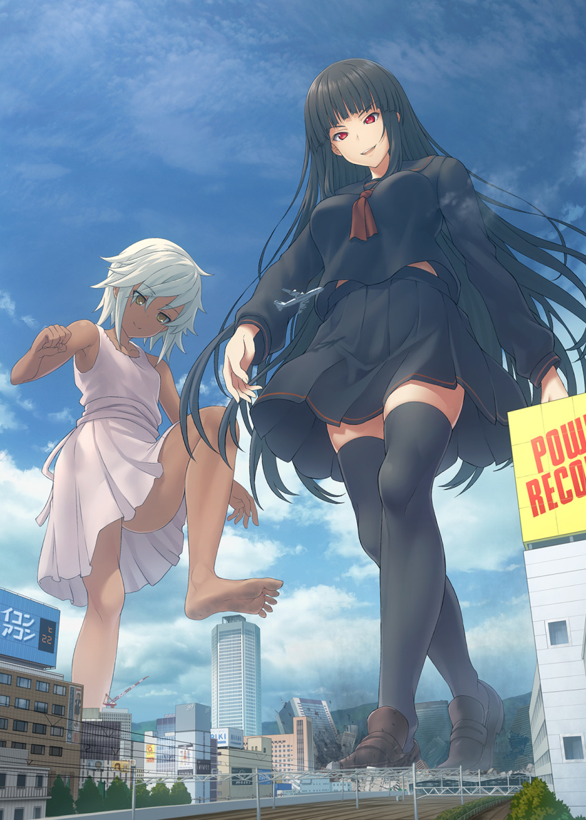 2girls aircraft airplane bangs bare_shoulders barefoot black_blouse black_hair black_legwear black_serafuku black_skirt blouse blue_sky blunt_bangs brown_footwear building city cloud crane dark_skin day destruction dress eyebrows_visible_through_hair giantess highres kuro_oolong loafers long_hair long_sleeves multiple_girls neckerchief original pleated_skirt red_eyes red_neckwear sailor_collar school_uniform serafuku shoes short_hair skirt sky sleeveless sleeveless_dress smile thighhighs walking white_dress white_hair yellow_eyes zettai_ryouiki