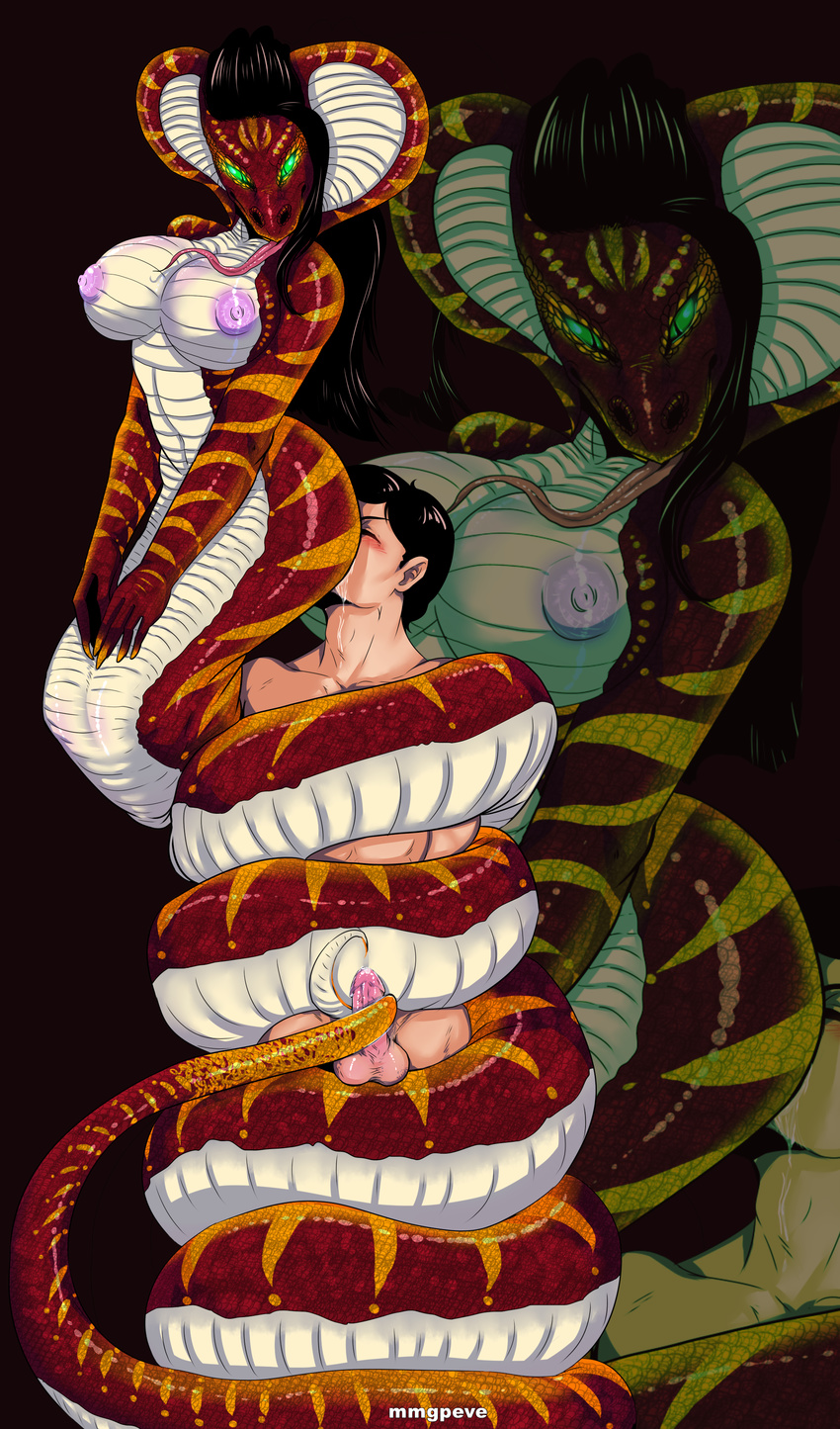 big_breasts black_hair blush breasts cobra coiling eyes_closed female glowing glowing_eyes green_eyes hair human humanoid_penis interspecies long_tongue looking_down male mammal mmgpeve_(artist) non-mammal_breasts penis purple_nipples red_scales reptile scalie slit_pupils snake tailjob tongue tongue_out zoom_layer