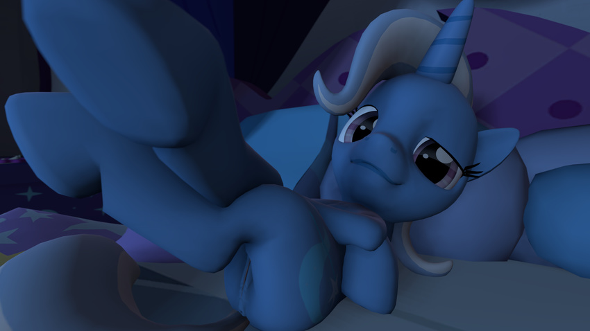 animal_genetalia animal_genitalia bed cgi cutie_mark equine female feral friendship_is_magic fruitymilk fur hair horn horse lying mammal my_little_pony pony pussy solo source_filmmaker trixie_(mlp) two_tone_hair unicorn