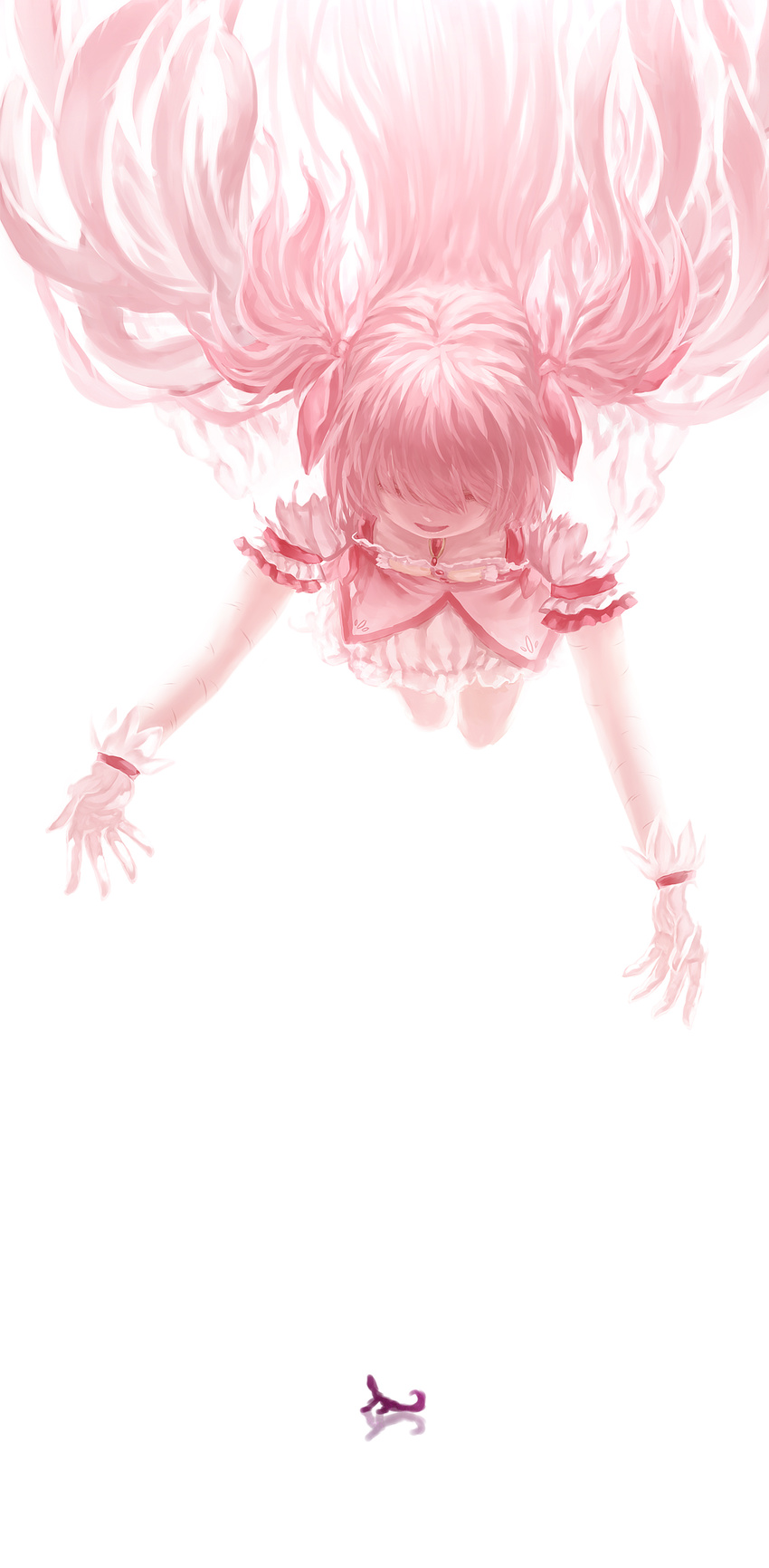 absurdres commentary dress falling gloves hair_over_eyes hidden_eyes highres kaname_madoka lain long_hair mahou_shoujo_madoka_magica pink_hair solo twintails