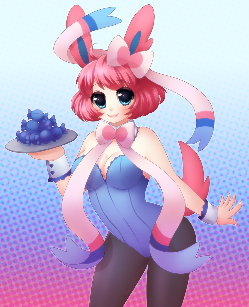 bow breasts candy canine eeveelution female fur hair horn human humanized leggings legwear looking_at_viewer mammal nintendo pink_hair pok&#233;mon smile solo sylveon tails video_games