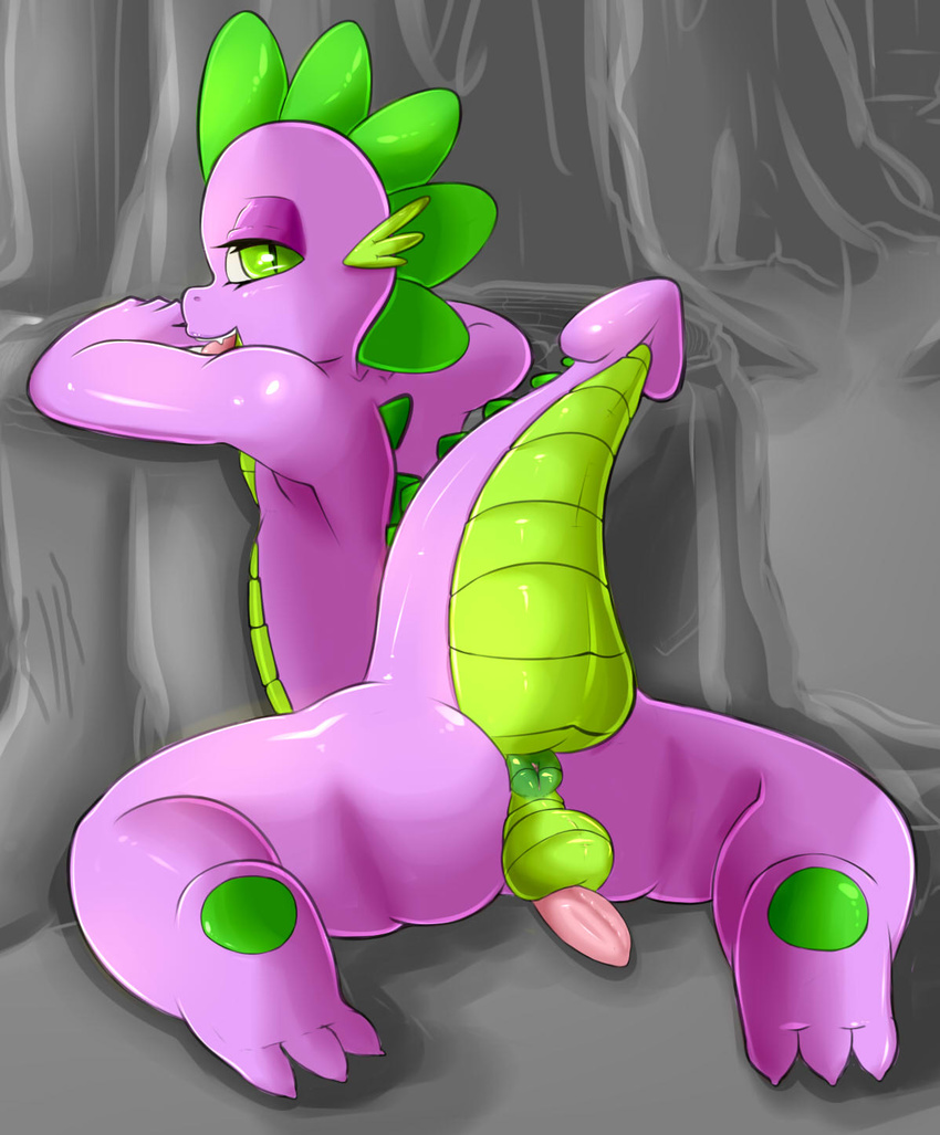 anthro anus balls butt dragon erection friendship_is_magic green_eyes looking_at_viewer looking_back male my_little_pony nude penis saurian_(artist) smile solo spike_(mlp)