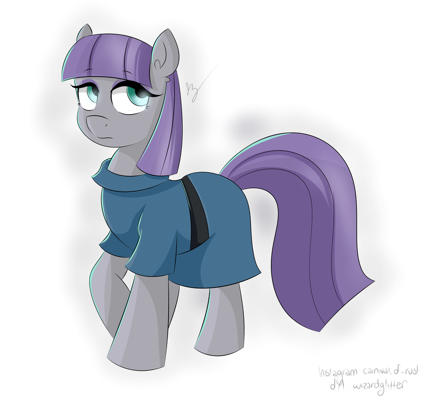 absurd_res clothed clothing cyan_eyes equine female feral friendship_is_magic fur grey_fur hair hi_res horse mammal maud_pie_(mlp) my_little_pony plain_background pony purple_hair signature solo standing wizardglitter