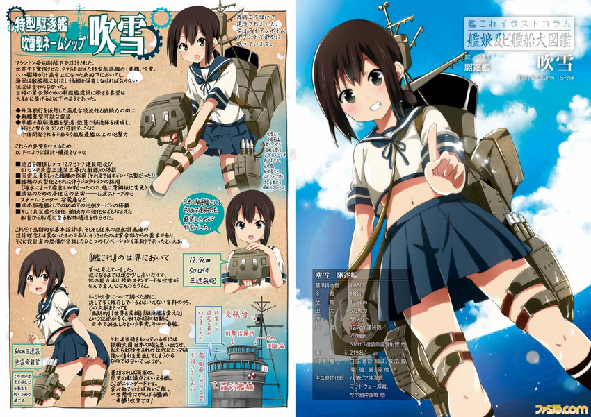 :d :o article black_hair check_translation covering covering_ass fubuki_(kantai_collection) grin index_finger_raised kantai_collection looking_back machinery midriff multiple_views navel open_mouth partially_translated pointing pointing_up ragho_no_erika school_uniform serafuku skirt smile tag translation_request turret v-shaped_eyebrows