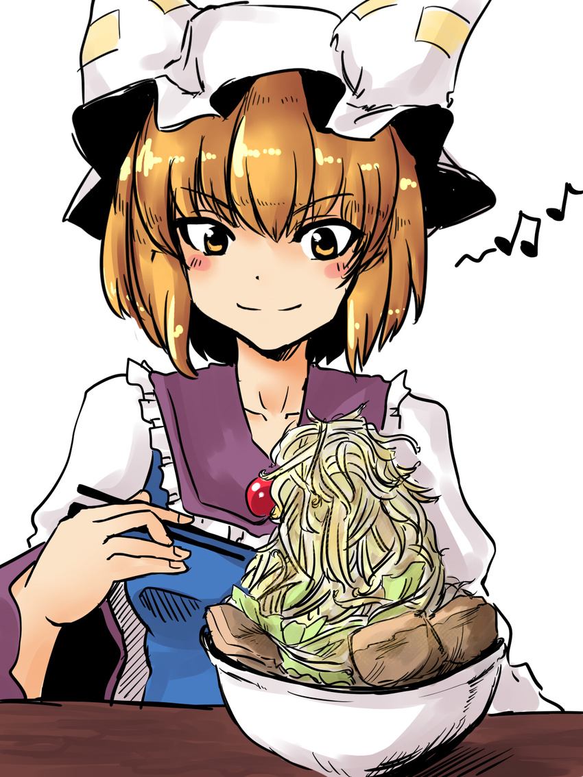 aburaage bangs beamed_eighth_notes blonde_hair bowl chopsticks eighth_note eyebrows_visible_through_hair food hat highres musical_note noodles short_hair solo spoken_musical_note toluda touhou yakumo_ran yellow_eyes