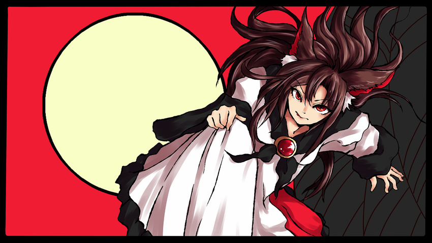 animal_ears brown_hair dress highres imaizumi_kagerou jewelry long_sleeves red_eyes solo toluda tongue tongue_out touhou wolf_ears