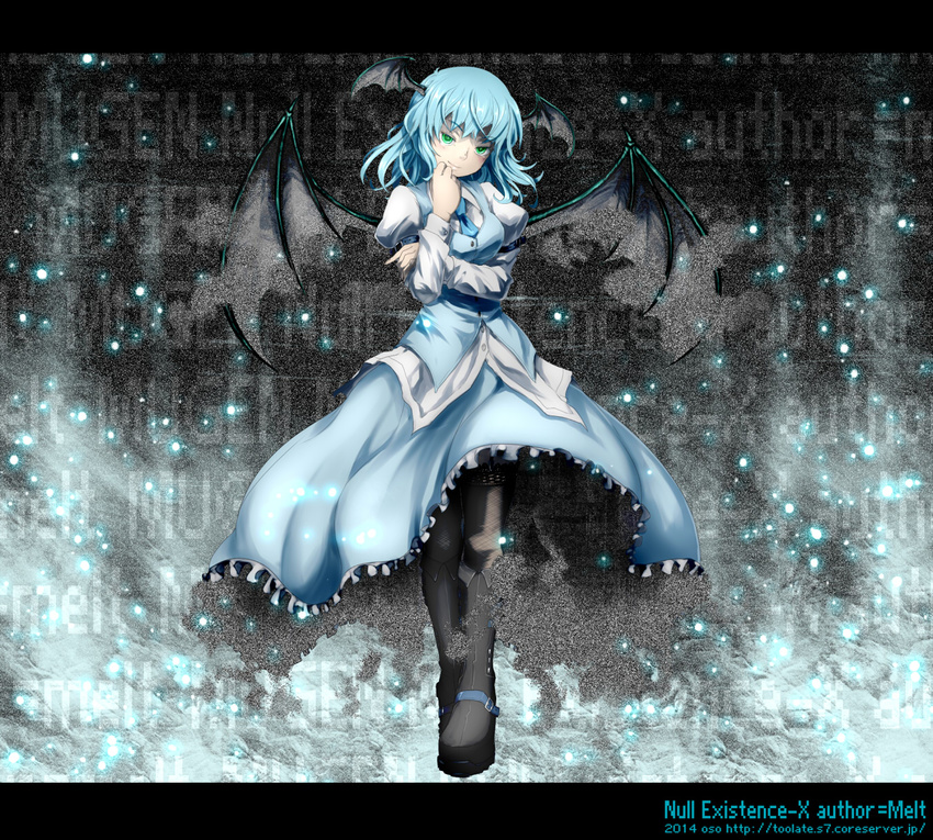 alternate_color alternate_eye_color alternate_hair_color bat_wings black_legwear blue_hair blue_neckwear boots green_eyes head_wings highres juliet_sleeves knee_boots koakuma letterboxed light_particles long_sleeves looking_at_viewer m.u.g.e.n necktie null_existence-x oso_(toolate) pantyhose puffy_sleeves shirt skirt skirt_set smile solo touhou vest walking wings