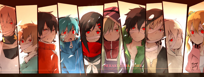 5girls ahoge amamiya_hibiya bandage_on_face bandage_over_one_eye bandages black_hair blonde_hair blue_hair brown_hair commentary_request ene_(kagerou_project) expressionless facial_mark frown green_hair hair_ornament hairclip highres hood hoodie jacket k623 kagerou_project kano_shuuya kido_tsubomi kisaragi_momo kisaragi_shintarou konoha_(kagerou_project) kozakura_marry long_hair multiple_boys multiple_girls open_mouth red_eyes red_scarf sad scarf school_uniform serafuku seto_kousuke short_hair side_ponytail tateyama_ayano track_jacket white_hair