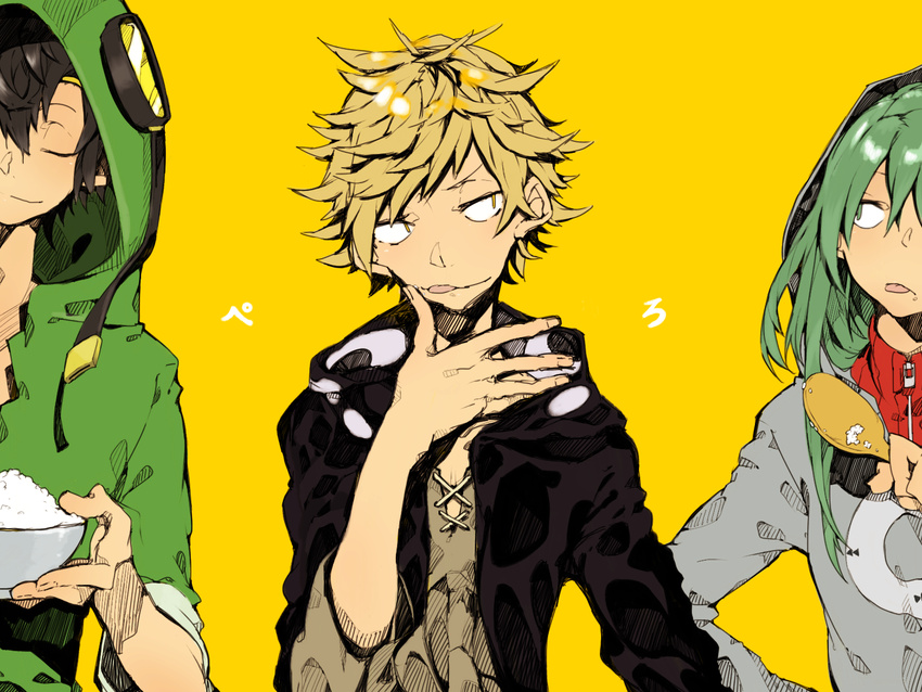 2boys bad_id bad_pixiv_id black_hair blonde_hair bowl bukurote closed_eyes goggles green_eyes green_hair highres holding hood hoodie kagerou_project kano_shuuya kido_tsubomi licking_lips long_hair multiple_boys rice rice_bowl rice_spoon seto_kousuke short_hair simple_background sleeves_rolled_up smile tongue tongue_out yellow_background yellow_eyes