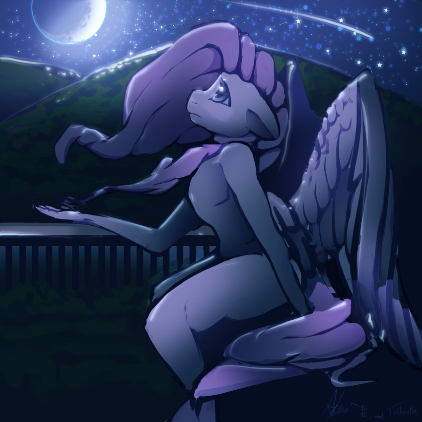 amazing anthro anthrofied equine female floppy_ears fluttershy_(mlp) friendship_is_magic fur grass hair horse long_hair mammal moon my_little_pony night outside pegasus pink_hair pony sad sitting stars windy wings yellow_fur